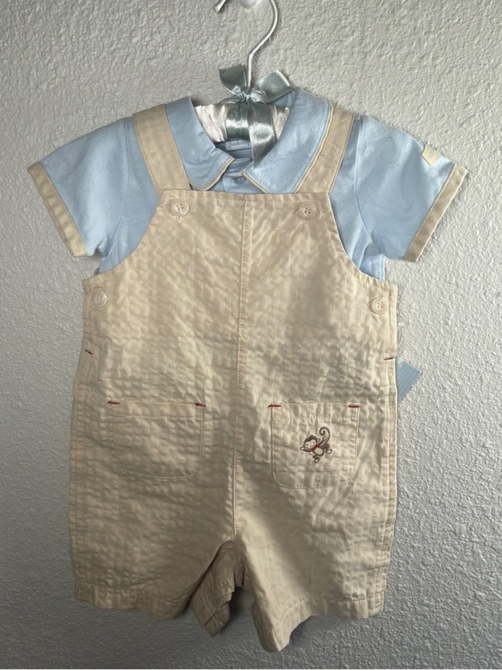 Baby Boys Cream Shortall Overalls with Light Blue Polo - Unbranded